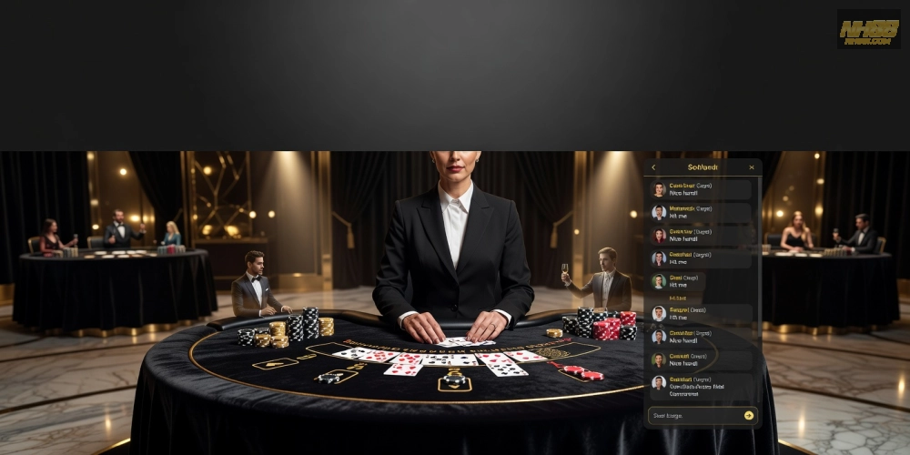 Hình minh họa giao diện live casino free nh88 với dealer thực tế và trò chơi blackjack hấp dẫn