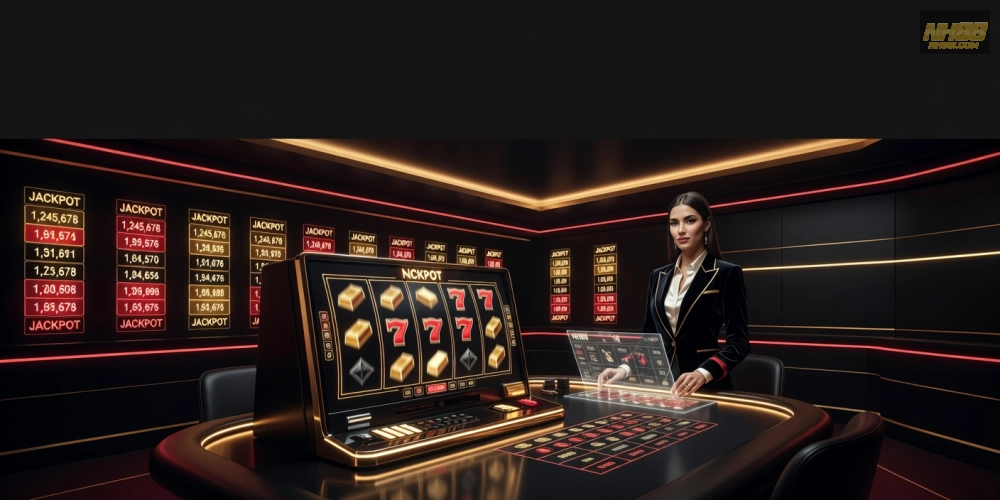 Minh họa giao diện live casino slot games nh88 với dealer thực tế và hiệu ứng quay hấp dẫn