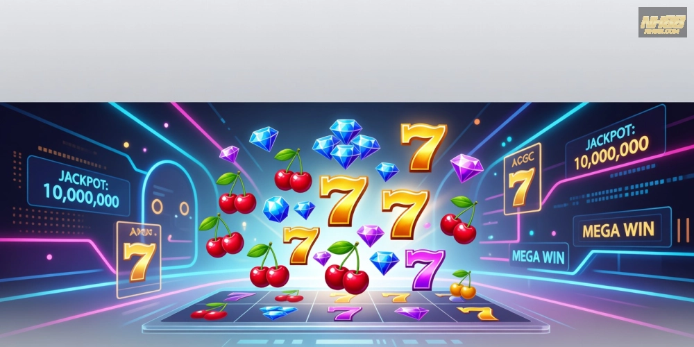 Khái niệm nổ hũ nh88 được minh họa qua các biểu tượng jackpot hấp dẫn và giao diện trò chơi hiện đại
